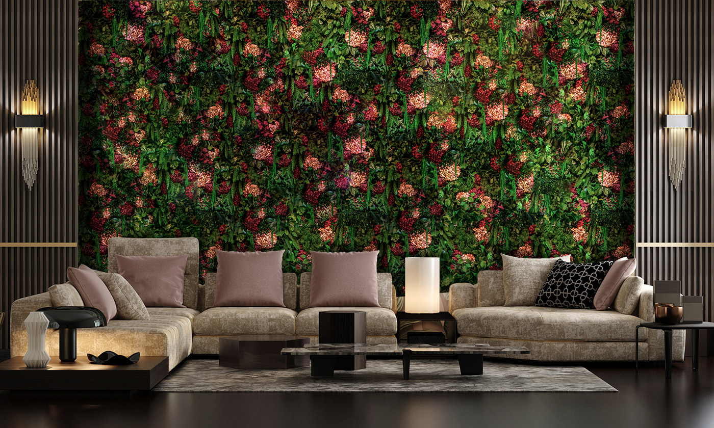 Pflanzenmooswand aus Hortensien und Hängepflanzen in einer Hotellobby