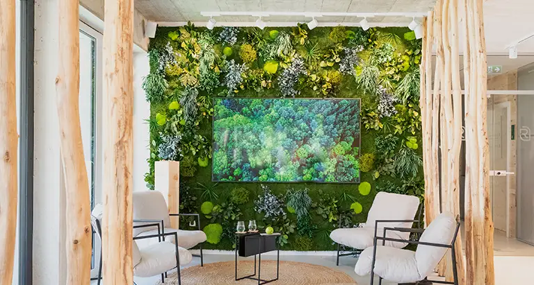 Gemütliche Lounge mit großem Bild aus Moos hinter Fernseher, kombiniert mit Holz- und Natur-Elementen.
