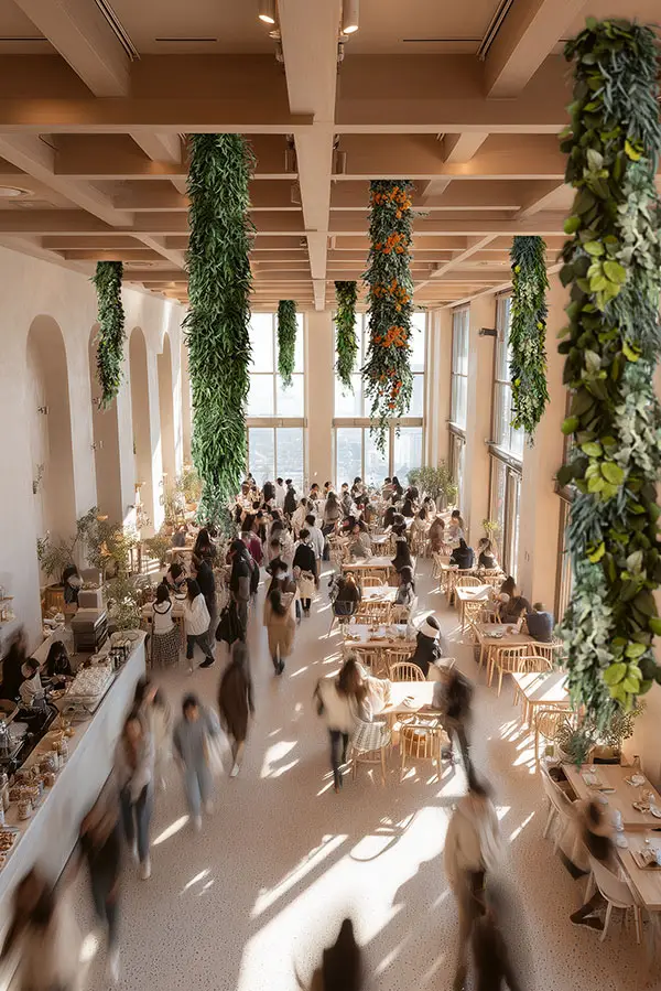 Beeindruckende Decke aus Moos im Restaurant mit vielen Gästen, modernes MoosMoos Design.