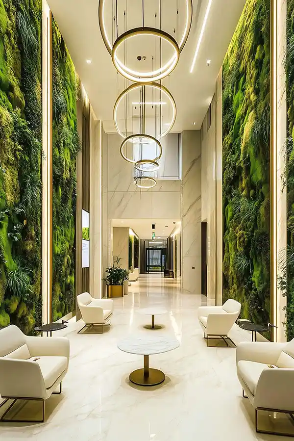 Hotellobby mit symmetrischen hohen Wänden aus Moos und modernen Sitzbereichen – MoosMoos Bild aus Moos für Interior Design
