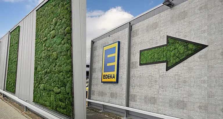 EDEKA-Fassade mit integriertem Moos und Pfeil aus Moos als nachhaltige Gestaltung