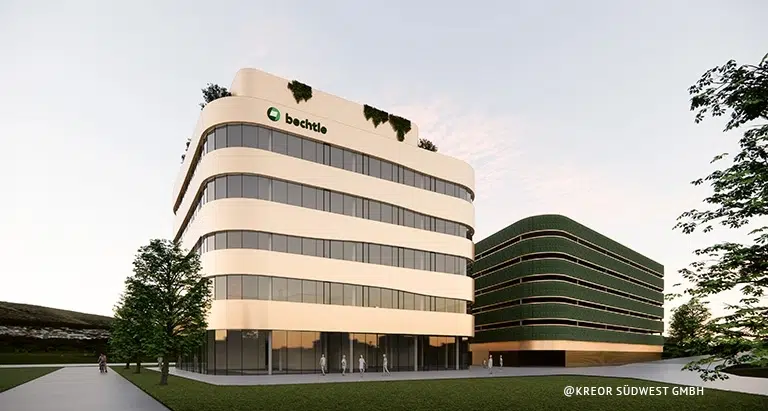 Parkhaus mit Greenovation Mooswand und angrenzendem Bürogebäude – innovative Waldmoos Fassadenbegrünung