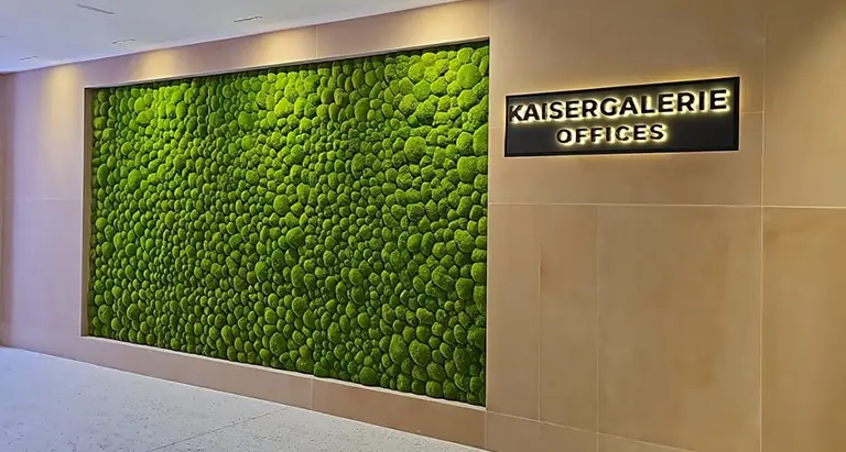 Große grüne Mooswand im Eingangsbereich der Kaisergalerie Offices